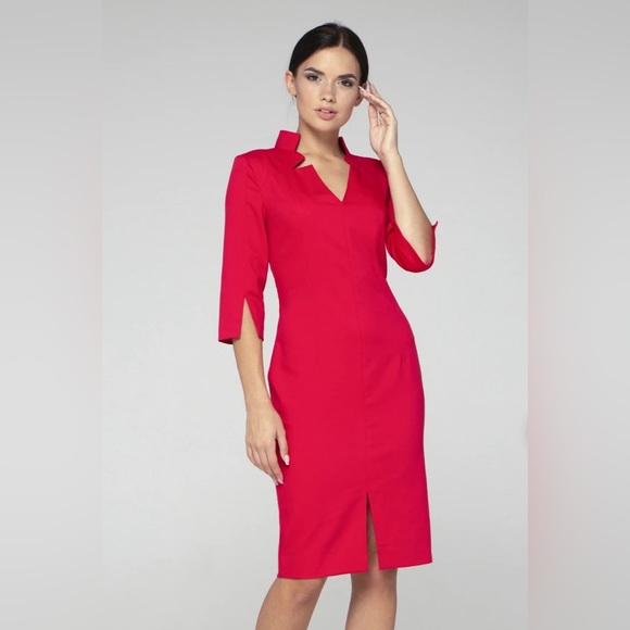 Tavrovska women red midi pencil dress with high neckline and front slit - Picture 1 of 14